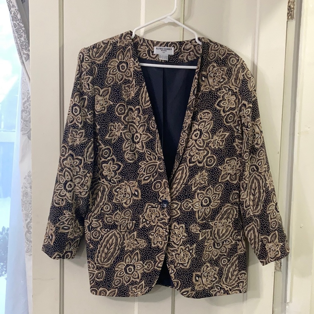 Alfred Dunner Vintage Oversized Blazer Navy and Tan Floral Ladies 14 Petite